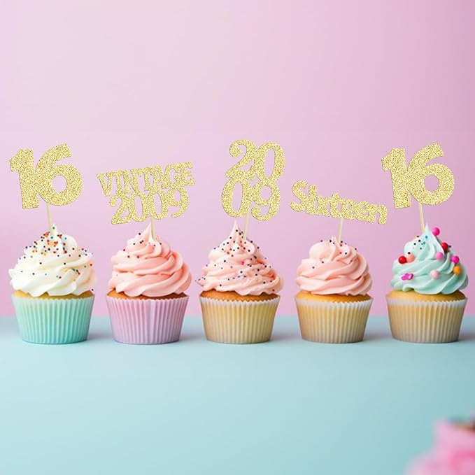 Gyufise 24Pcs Sweet 16 Cupcake Toppers Glitter Sixteen Vintage 2009 16th Birthday Cupcake Picks Hello 16 Years Birthday Cake Decorations for Happy 16th Anniversary Party Supplies Gold