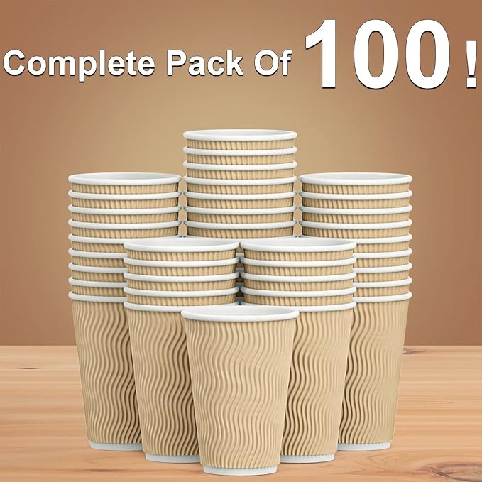 Hot Paper Cups 16 oz Disposable Insulated Corrugated Sleeve Ripple Wall Paper Cup 100 pcs,16oz Cups for Drink,Hot Coffee Cups (Brown)