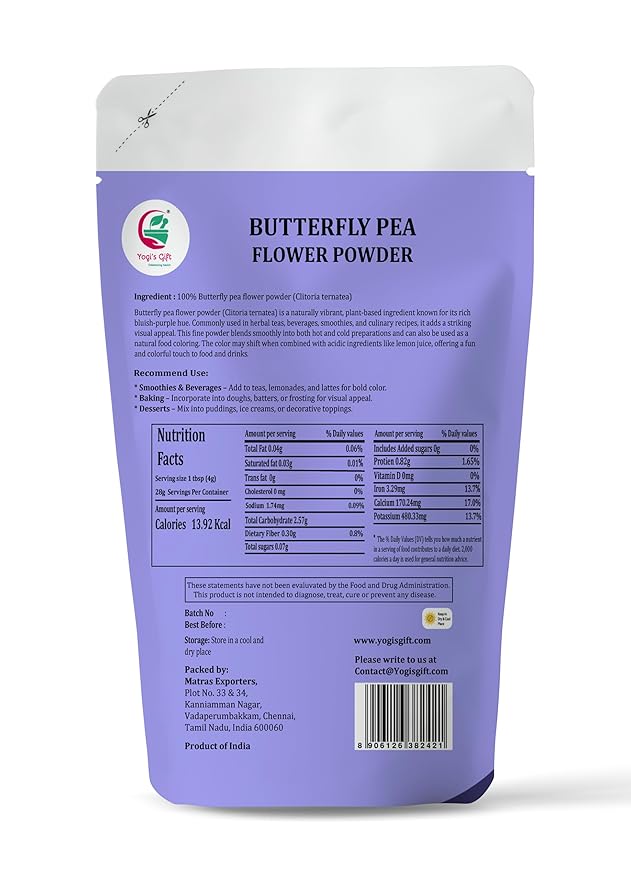 Butterfly Pea Flower Powder 4oz, 100% Pure & Natural Blue Matcha Powder, Premium Quality for Tea, Lattes, Smoothies & Natural Food Coloring - By Yogiโs Giftยฎ