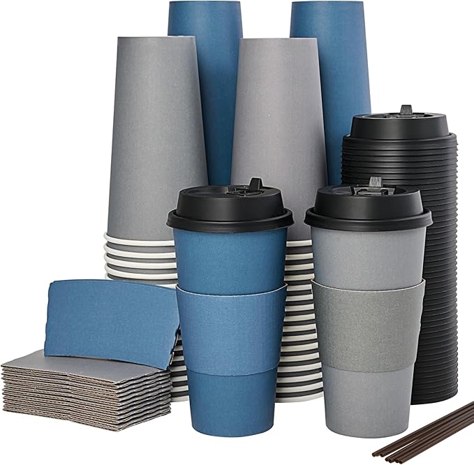 LITOPAK 100 Pack 20 oz Disposable Paper Coffee Cups with Lids, Sleeves and Stirring Sticks for Hot Coffee, Water or Juice, Blue and Gray Hot Paper Cups for Cafes, schools, offices, shops