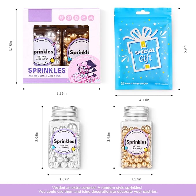 Pearl Sprinkles for Cake Decorating, Gold Pearl Sprinkles, Sliver Pearls Sprinkles, Sugar Pearls, Metallic Sprinkles Mix for Cake, Cupcakes, Macaron, Ice Cream, and Cookies. (120g/4.2oz)