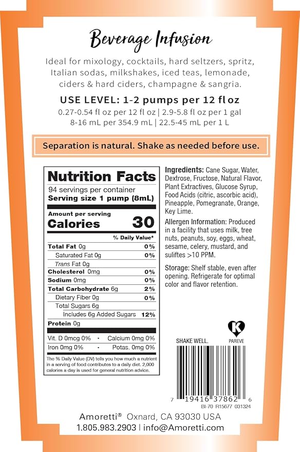 Amoretti - Bahama Mama Beverage Infusion, 94 Servings Per Bottle (750 ml) - Drink Mix & Water Enhancer with Pump for Flavoring Cocktails, Waters, Teas, and other Beverages, Preservative Free