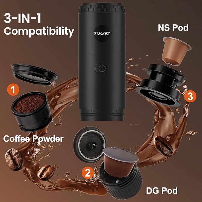 Portable Espresso Maker| Electric Coffee Machine-Travel Coffee Maker Self-Heating with USB-C, Compatible with Capsules & Ground Coffee for Camping, RV & Office