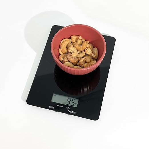 PantryPro Glass Platform Digital Kitchen Scale - 11lbs / 5kg Capacity - LCD Display g kg oz lb fl.oz ml - CR2032 Battery Included - White