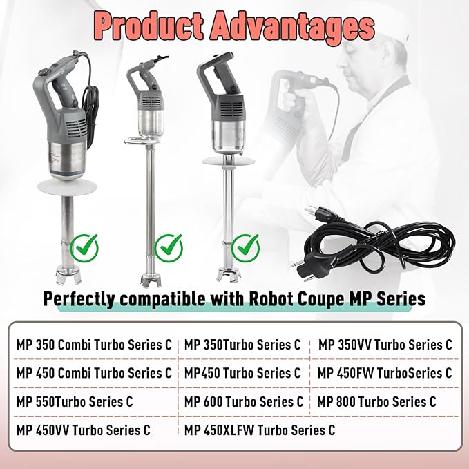89143 Power Cord Replacement Compatible with Robot Coupe MP Series, 120V 150'' Black Immersion Blender Cord for MP350 MP450 MP550 MP600 MP800