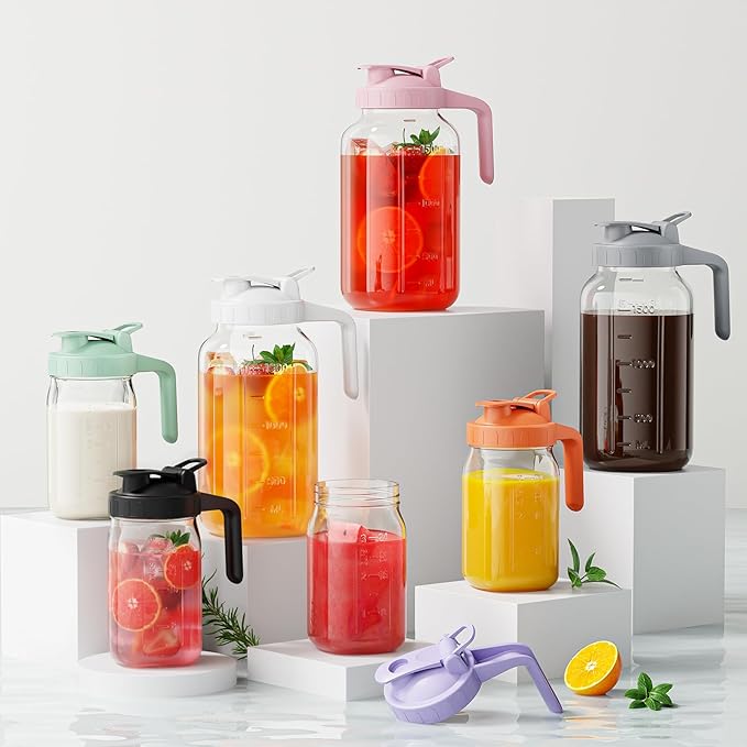 Breast Milk Pitcher Jug - 32 oz Glass Mason Jar Airtight Pitcher with Pour Spout Handle for Breastmilk, Iced Tea, Ice Drinks Storage Container(Black)
