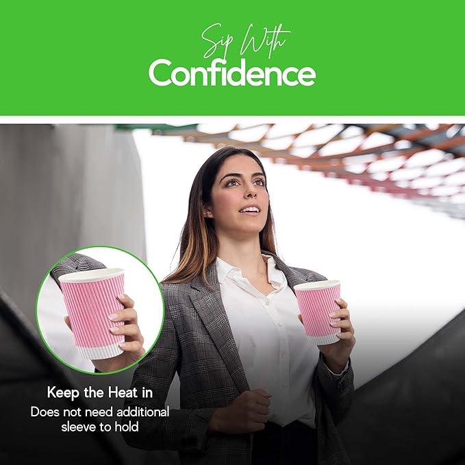 Restaurantware-12 Ounce Disposable Coffee Cups, 500 Ripple Wall Hot Cups For Coffee - Lids Sold Separately, Rolled Rim, Light Pink Paper Insulated Coffee Cups, For Hot Coffee, Tea, And More