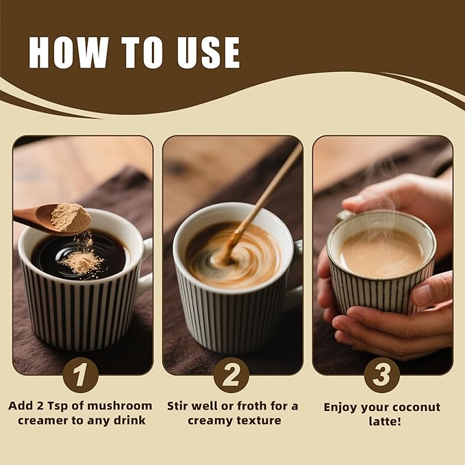 Mushroom Coconut Creamer, Natural Creamer for Coffee, 5 Mushrooms Extract |Lion's Mane, Turkey Tail, Reishi, Maitake, Chaga and Ceylon Cinnamon | Boosts Focus, Immunity and Energy | 6.35oz