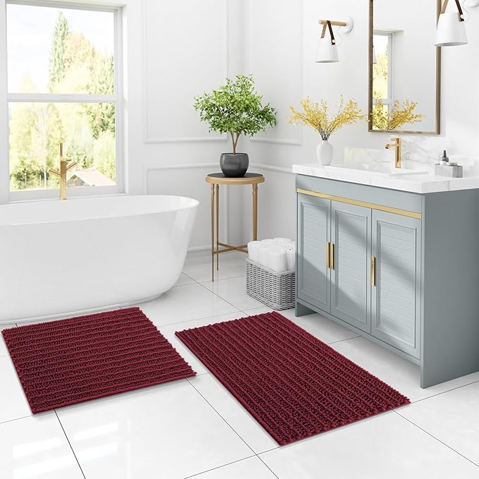 Arotive Luxury Chenille Bathroom Rug Mat, Extra Soft Thick Absorbent Shaggy Bath Rugs, Non-Slip Machine Wash Dry, Plush Bath Mats for Bathroom, Shower and Tub, 60x24, Burgundy