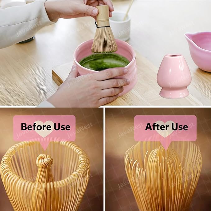 7-Piece Matcha Tea Set with Gift Card โ 120-Prong Bamboo Whisk, Ceramic Bowl with Spout, Whisk Holder, Scoop, Spoon, Strainer & Scoop Holder โ Ideal Gift for Matcha Lovers (Pink)