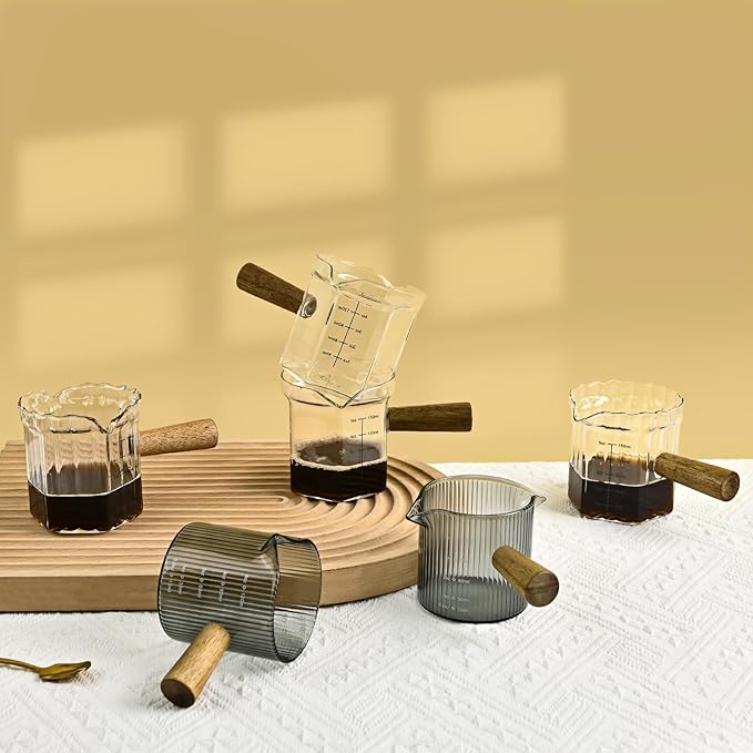 Glass Measuring Cup, 4oz Espresso Shot Glass with Wood Handle, Single Spout Measuring Triple Pitcher Milk Cup for Coffee Tea (Gray Ribbed)