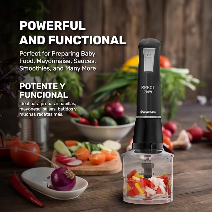 TAURUS ROBOT 500 INOX COMPLETE | Immersion Blender 500 W | Stainless Steel | Detachable Rod | Turbo Rotation System | Pulse Control | Ergonomic and Anti-Splash | Accessories included