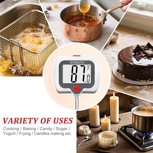 BOMATA Candy Thermometer with Pot Clip, Instant Read Cooking Thermometer with 8" Long Probe, Rotating Display, for Candy Making, Food, Candle Making, Liquids, Water, Baking, Sugar, Grilling. White