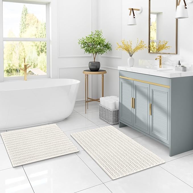 Arotive Luxury Chenille Bathroom Rug Mat, Extra Soft Thick Absorbent Shaggy Bath Rugs, Non-Slip Machine Wash Dry, Plush Bath Mats for Bathroom, Shower and Tub, 60x24, Ivory