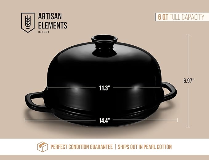 Kook Bread Oven, Sourdough Pan with Lid and Handles, Enameled Cast Iron Pan and Ceramic Lid, For Baking, Cooking, Roasting, Black