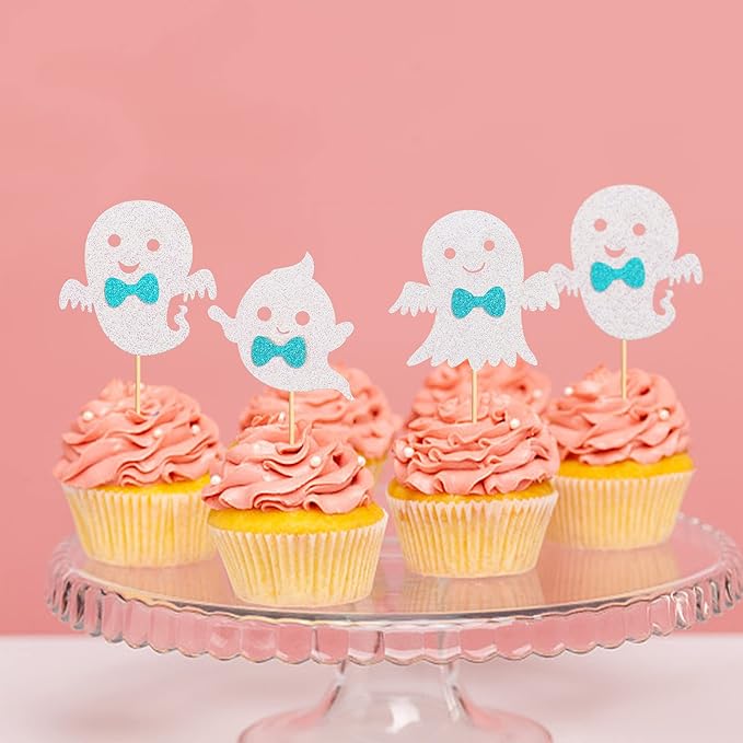 24Pcs Ghost Cupcake Toppers - Bule Halloween, Bule and White Halloween Birthday Decorations, Bule Halloween Baby Shower Decor, Ghost Decorations, Halloween Gender Reveal Decorations