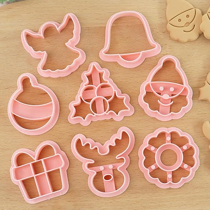 8Pcs Christmas Cookie Cutters, 3D Cookie Cutter Set, Snowman Deer Gift Cutters Cake Baking Fondant Embosser Stamps Christmas Party DIY Cake Decorating Tools
