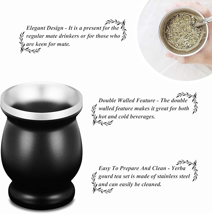 LA FEE Yerba Mate Natural Gourd/Tea Cup Set Brown (Original Traditional Mate Cup - 8 Ounces),Includes Yerba Mate Straw & Cleaning Brush,Stainless Steel | Double-Walled | Easy to Clean (Black)