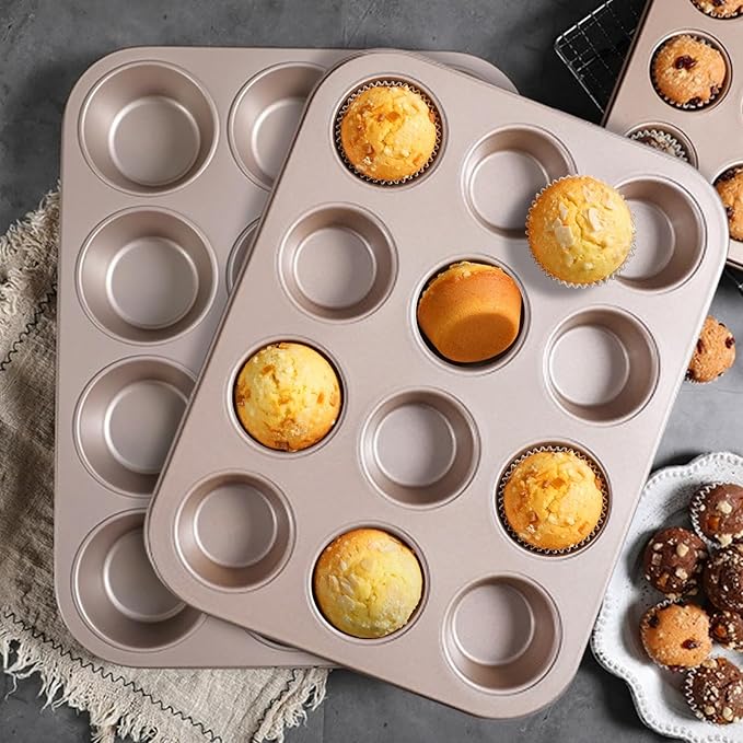 12-Cup Muffin Pan Tin for Baking, 2 Packs Nonstick Cupcake Pan Tin, Cup Cake Tray, Cheesecake Pans, Gold