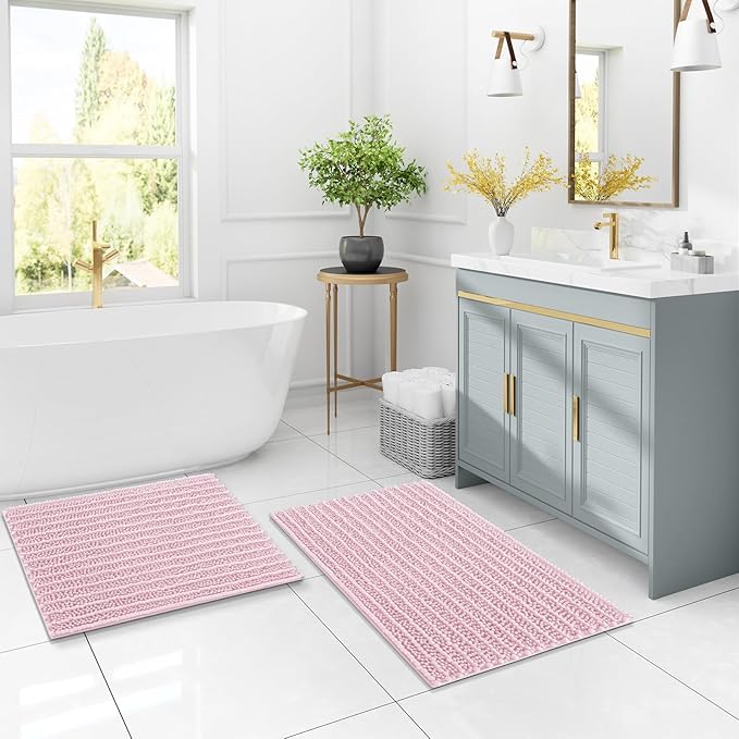 Arotive Luxury Chenille Bathroom Rug Mat, Extra Soft Thick Absorbent Shaggy Bath Rugs, Non-Slip Machine Wash Dry, Plush Bath Mats for Bathroom, Shower and Tub, 60x24, Pink