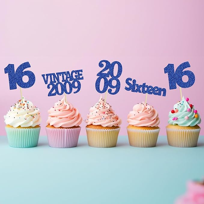 Gyufise 24pc 16th Birthday Cupcake Toppers - Deep Blue