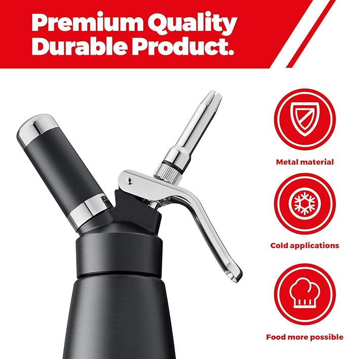 Professional Aluminum Whipped Cream Dispenser - 1000 mL/2 Pint,Whipped Cream Maker Canister with 5 Decorating Nozzles & Cleaning Brush - Need To Use N2O Chargers (Not Included) (Black, 1000ml)