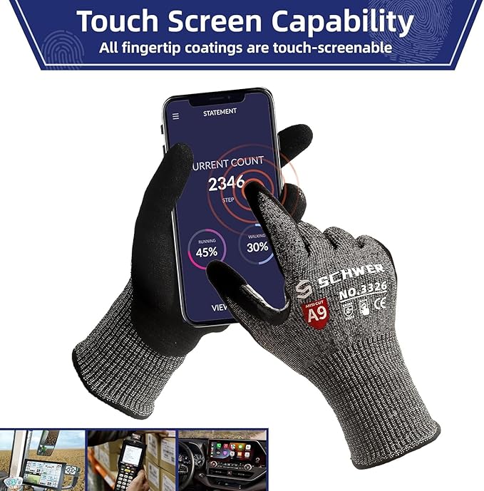 Schwer ProGuard Highest Level Cut Resistant Work Gloves PR3326 for Extreme Protection,ANSI A9 Cut Gloves with Reinforced Thumb, Non Slip, Non PFAS, Durable, Touch-screen, Black 2 Pairs(M)