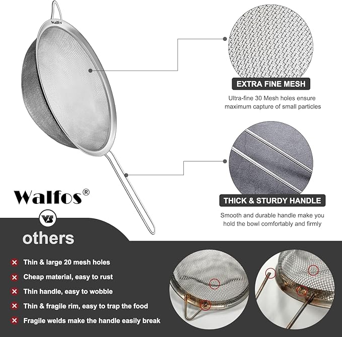 Walfos 9.5 Inch Large Fine Mesh Strainer, Stainless Steel 30 Mesh Sieve with Sturdy Handle, Kitchen Food Strainers Sifters for Rice, Quinoa, Pasta, Fruits, Vegetables, etc.