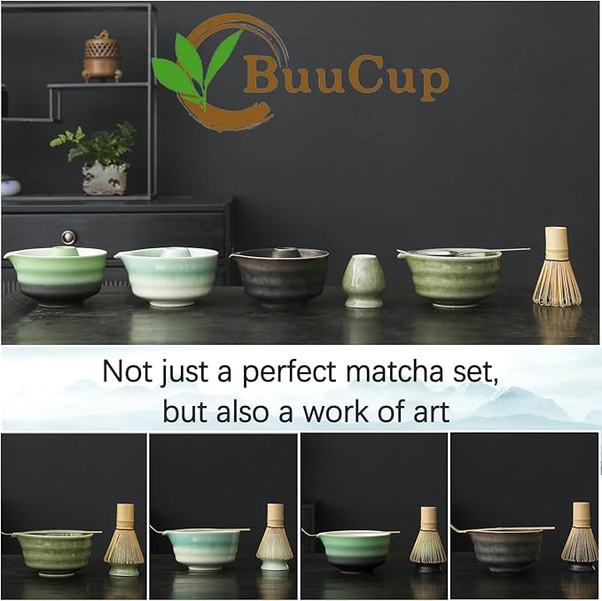 Matcha Whisk Set, Matcha Bowl with Spout, Matcha Whisk and Holder, Bamboo Matcha Scoop and Stainless Sifter - 5 Pcs Jade Green Matcha Kit for Matcha Lover
