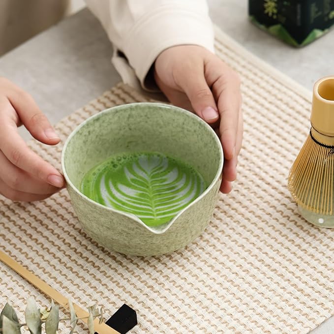 Matcha Set, Japanese Tea Set Includes Matcha Bowl with Spout, Matcha Whisk Holder, Bamboo Matcha Whisk and Bamboo Scoop, 17 oz Mottled Tea Green Glaze Ceramic Matcha Kit for Tea Lovers