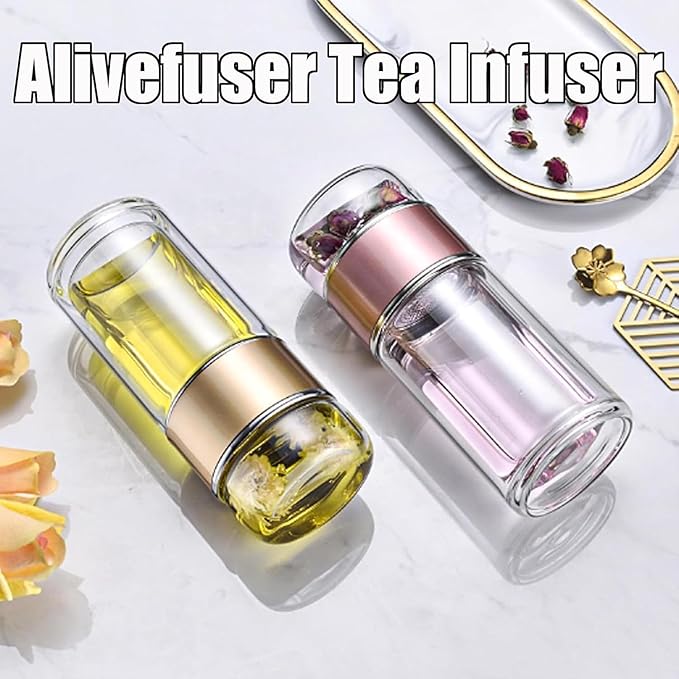 Tryteava Glass Infuser, Tryteava 3-in-1 Smart Tea Infuser, Portable Glass Double Wall Tea Infusers Bottle, with Stainless Steel Filter, Hot & Cold Brew, For Loose Leaf, Office Home (Silver, 280ml)