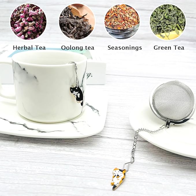 Cat Tea Infuser, 2 Pcs Cute Tea Diffuser Stainless Steel Mesh Loose Leaf Tea Infusers Tea Ball Strainers with Cat Pendants (Black&Orange Cats)