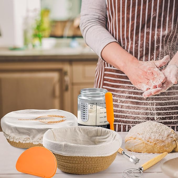 Sourdough Starter Kit, Handmade Cotton Rope oval and round banneton bread baskets with liners and covers, 35oz sourdough starter jar, essential bread baking tools