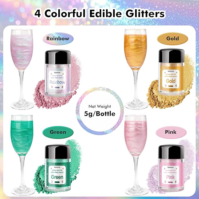 Edible Glitter - 4 Colors Luster Dust Edible, 100% Food Grade Edible Glitter for Drinks, Cakes, Easter Eggs, and Cookie Decoration, Vegan-Friendly Edible Luster Dust(0.18oz/5g)