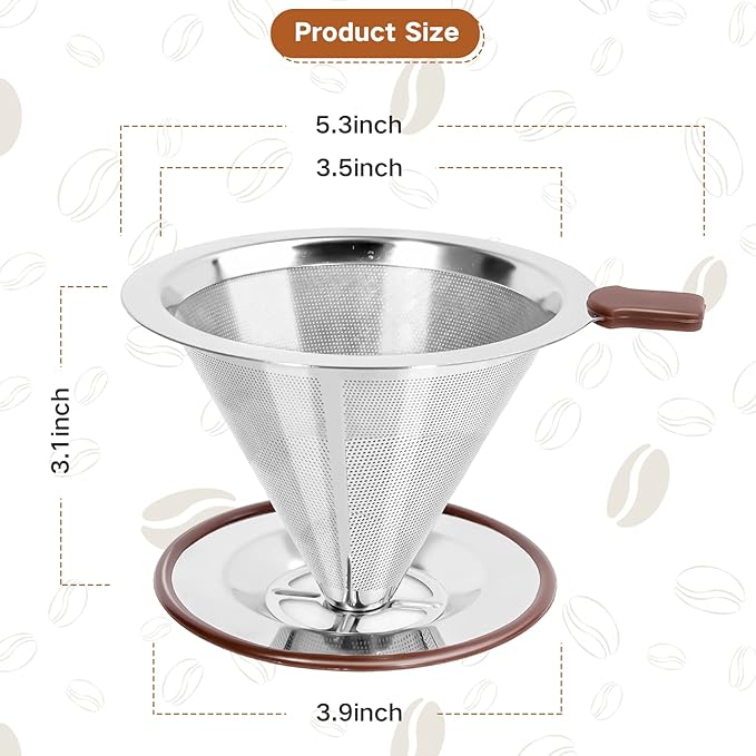 Pour Over Coffee Dripper,Reusable Stainless Steel Drip Cone Coffee Filter, Update Double Ultra Fine Micro Mesh Filter, Professional Paperless Drip Brew Coffee Cone Maker with Cup Stand,1-4 Cup