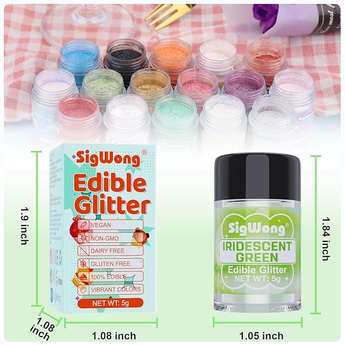Iridescent Green Edible Glitter - 5g Food Grade Cake Decorating Shimmering Glitter, Edible Sprinkle Luster Dust for Drinks, Chocolates, Fondant, Strawberries, Cupcakes, Candy, Cookie - Vegan