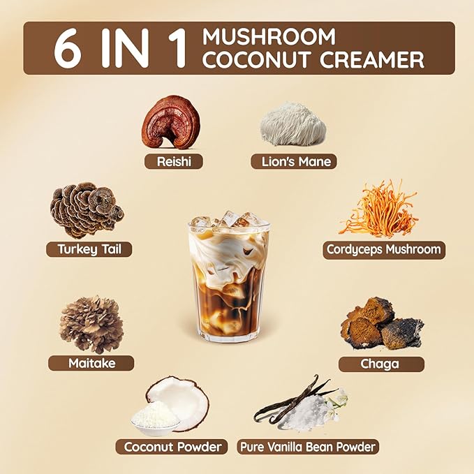 Veltracha Mushroom Coffee Creamer, Superfood Coconut Creamer Powder with 6 Adaptogenic Mushrooms - Reishi, Turkey Tail, Lions Mane, Non-Dairy Coconut Powdered Creamer for Energy & Focus & Digestion, 30 Servings, Sweet