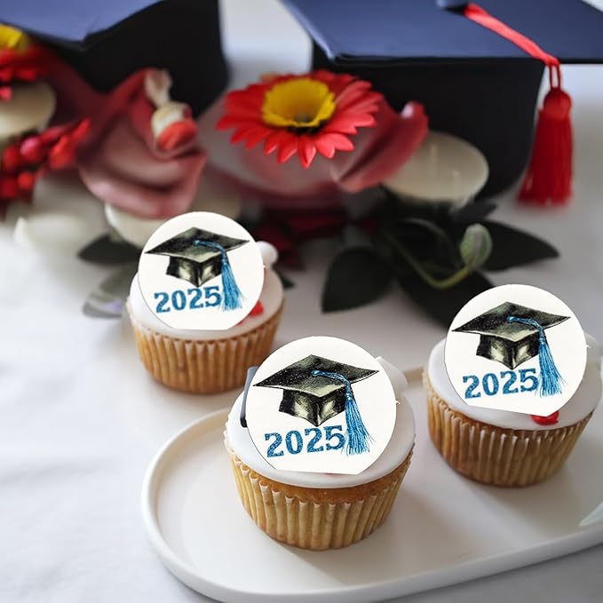 Gyufise 48Pcs Edible 2025 Graduation Cap Cupcake Toppers Wafer Paper Class of 2025 Grad Cap Cupcake Picks for 2025 Graduation Theme Party Cake Decorations Supplies Blue
