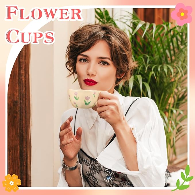 Ceramic Coffee Mug Vintage Flower Mugs 8 oz Cute Floral Coffee Mugs Irregular Latte Art Cup Lead-free Porcelain Cups for Cappuccino, Cocoa (Purple Tulips)