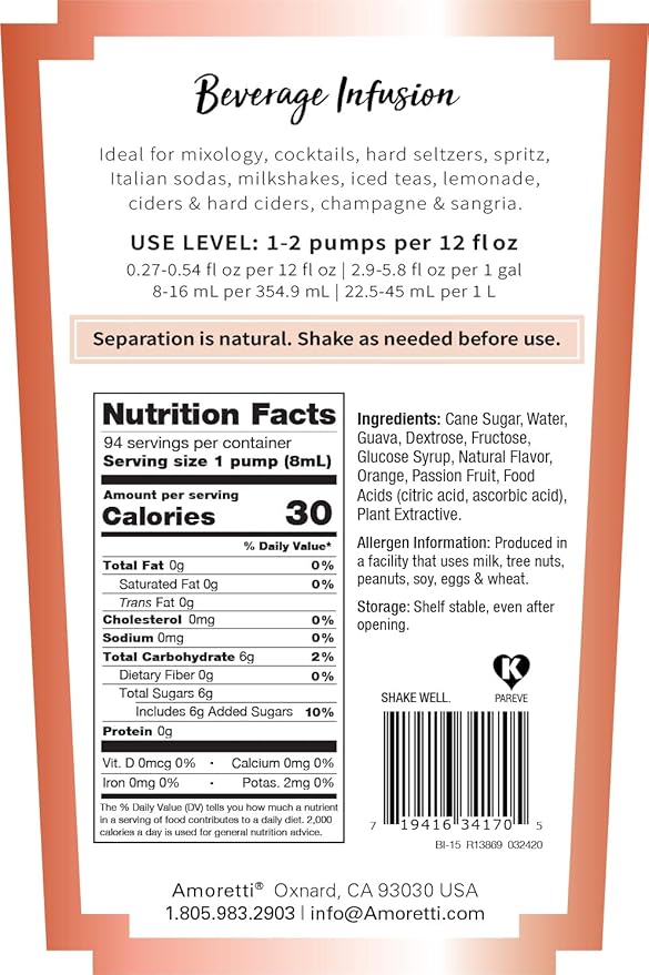 Amoretti - Passion-Orange-Guava Beverage Infusion, 94 Servings Per Bottle (750 ml) - Drink Mix & Water Enhancer with Pump for Flavoring Cocktails, Waters, Teas, and other Beverages, Preservative Free