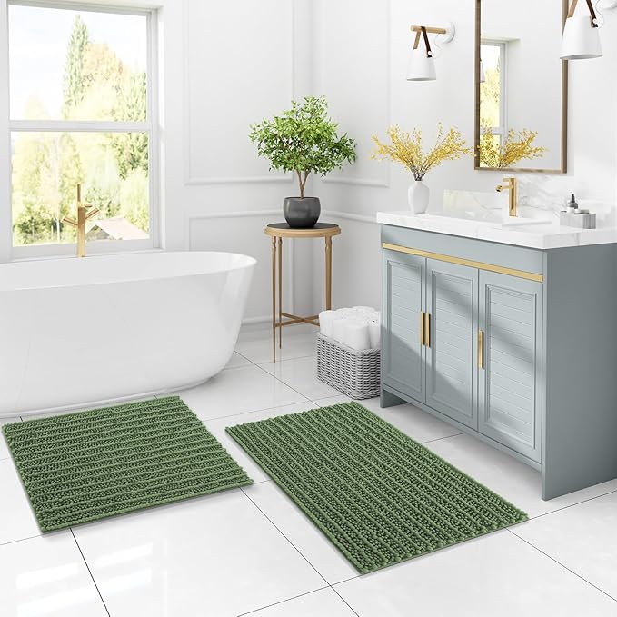 Arotive Luxury Chenille Bathroom Rug Mat, Extra Soft Thick Absorbent Shaggy Bath Rugs, Non-Slip Machine Wash Dry, Plush Bath Mats for Bathroom, Shower and Tub, 47x24, Olive Green