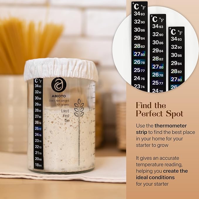 Sourdough Proofing Basket and Starter Jar Kit – 3.3 LB Round Wood Pulp Banneton with Waffle Pattern (Made in Germany) and 34 oz Sourdough Starter Jar, Thermometer Strips & Spatula – Bread Proofing Set