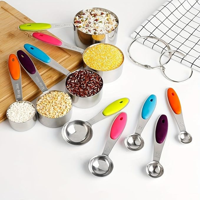Measuring Cups and Spoons Set of 15, Include 5 Stackable Stainless Steel Cups, 5 Measuring Spoons and 5 Tiny Spoons, Metal Measuring Cups Set with Colored Silicone Handles for Cooking & Baking