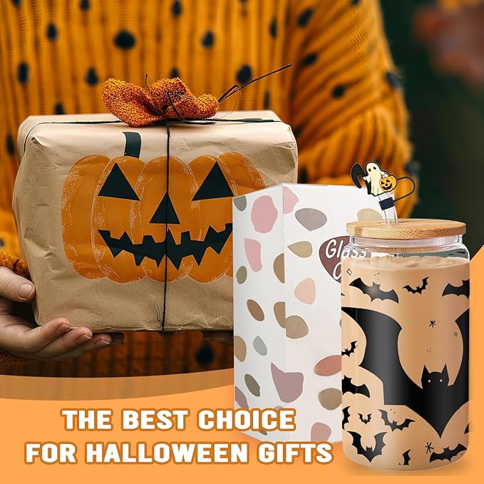 Black Bat Tumbler - 16oz Black Glass Mug with Lid and Straw, Gothic Themed Iced Coffee Cup, Birthday and Spooky Gothic Horror Theme Gift