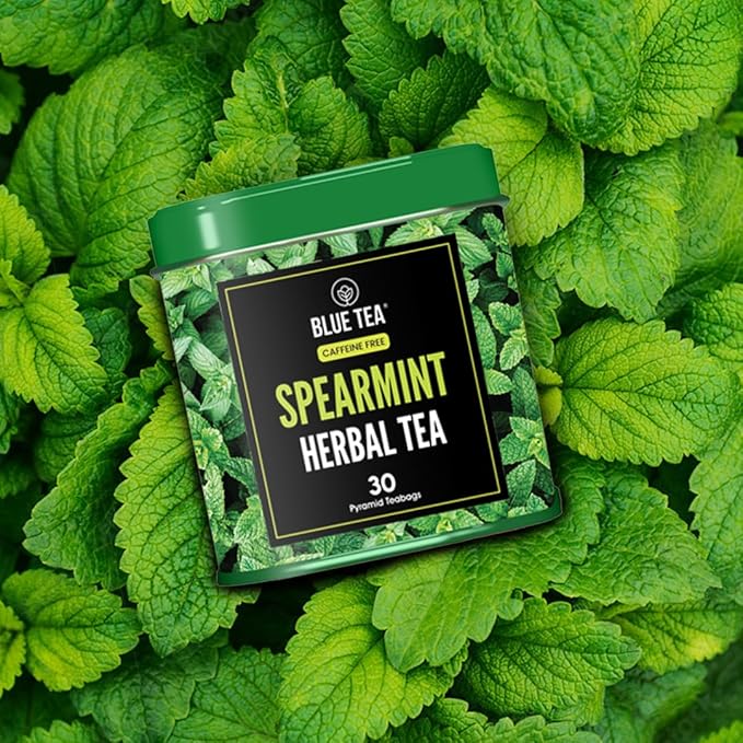 BLUE TEA - Spearmint Tea - 30 Count - Pyramid Plant Based Tea Bag | PCOS RELIEF | Balances Hormones - Support Digestion | Refreshing Cool Minty Flavour - Herbal Tea - Leaf Based - Caffeine free | Ziplock Pouch