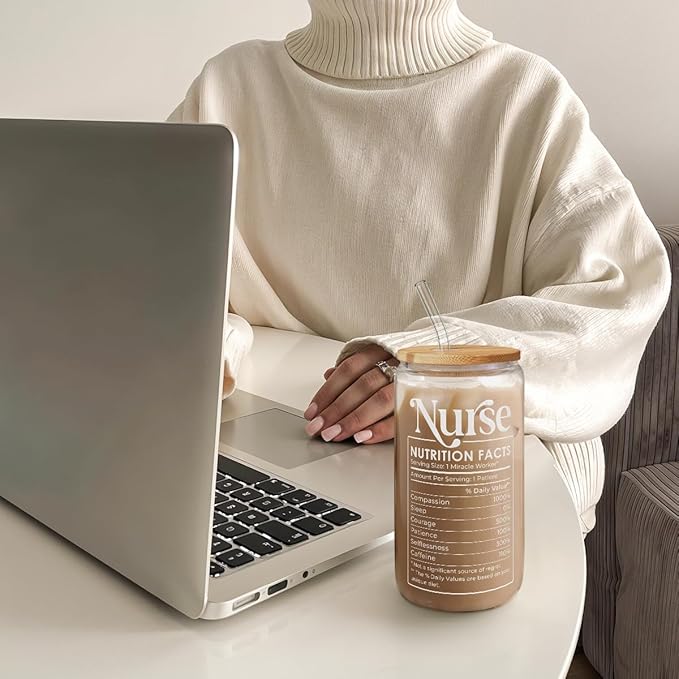 SANDJEST Nurse Life Glass Can Cup with Lid & Straw, Iced Coffee Aesthetic Cups, Idea Gift for Christmas Birthday Mother Day Nurse Week, Gifts for Women Friends, 16oz