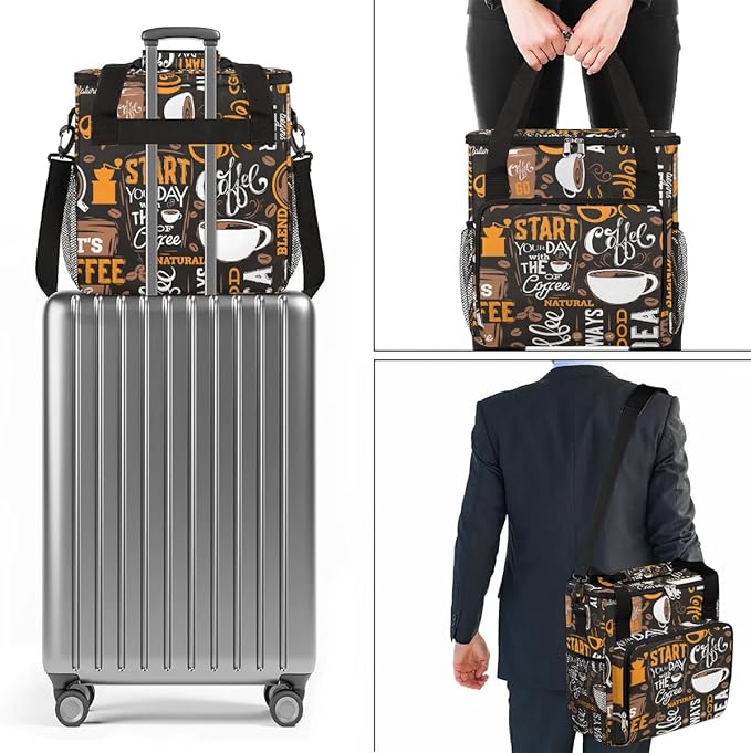 coffee beans cup yellow Coffee Maker Carring Bag Travel Carrying Storage Tote Bag Compatible with Keurig K-Mini or K-Mini Plus Portable Single Serve Coffee Brewer Case with Pockets for K-cup Pods