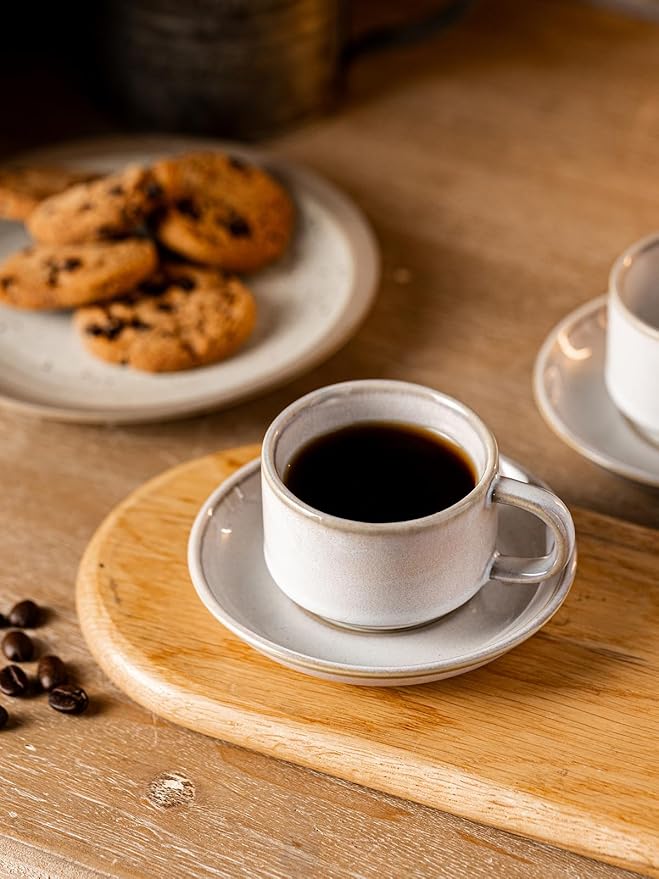 Gomakren 2.5 Ounce Espresso Cups Set of 4, Small Stackable Coffee Cups with Saucers and Metal Stand, Porcelain Demitasse Cups for Specialty Coffee Drinks, Espresso, Cappuccino, Latte, Tea, White