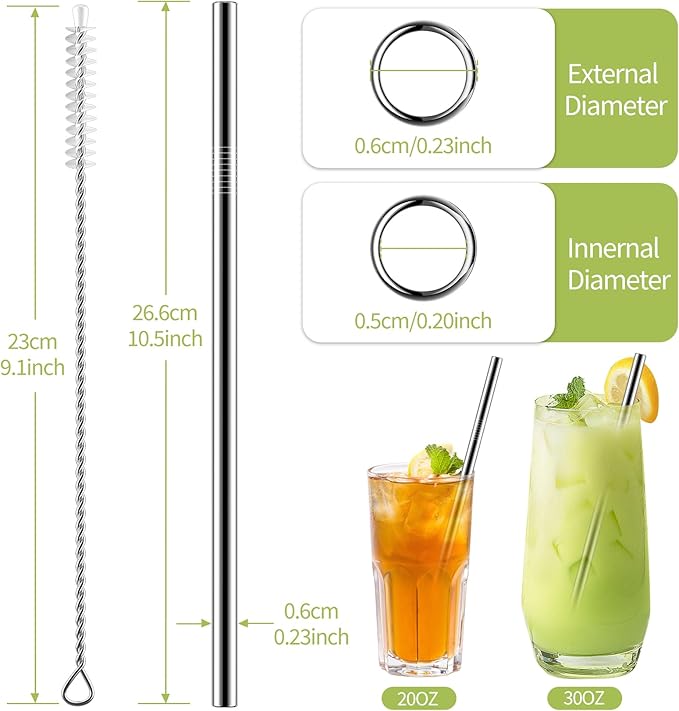 Set of 10 Stainless Steel Straws, HuaQi Straight Reusable Drinking Straws 10.5'' Long 0.24‘’ Dia for 30 oz Tumbler and 20 oz Tumbler, 2 Cleaning Brush Included (10 Straight Straw + 2 Brushes)