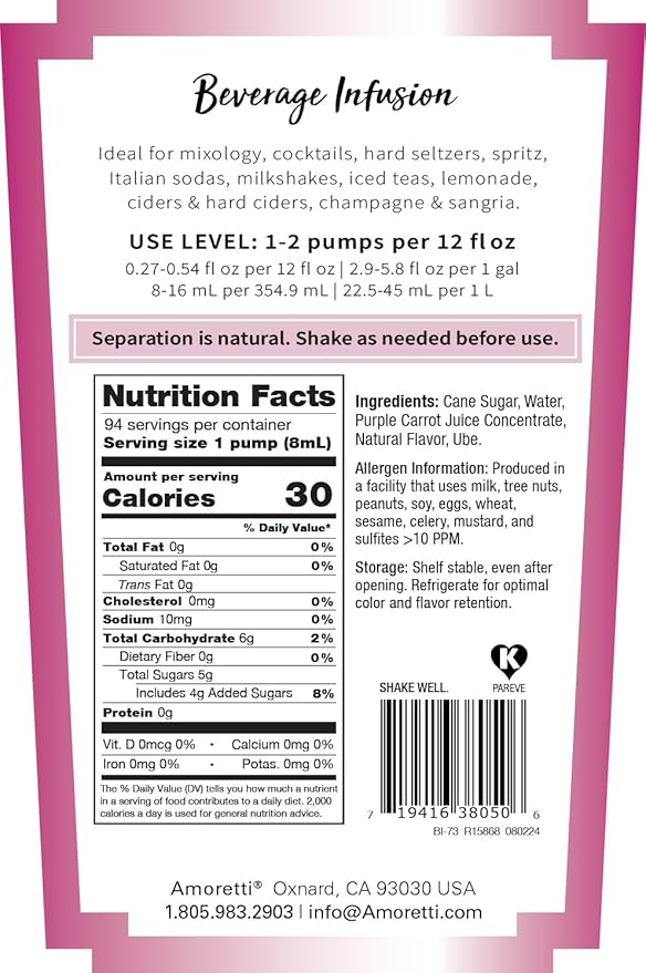 Amoretti - Ube Beverage Infusion, 94 Servings Per Bottle (750 ml) - Drink Mix & Water Enhancer with Pump for Flavoring Cocktails, Waters, Teas, and other Beverages, Preservative Free